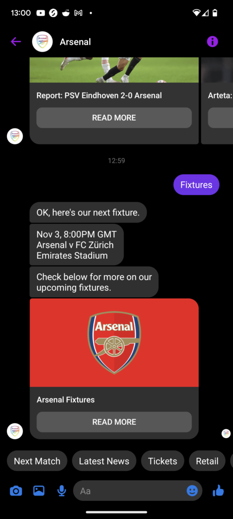 arsenal football messenger bot