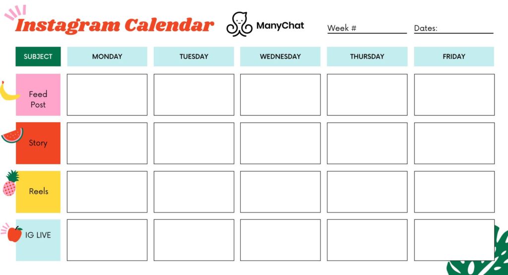 Instagram social calendar weekly template